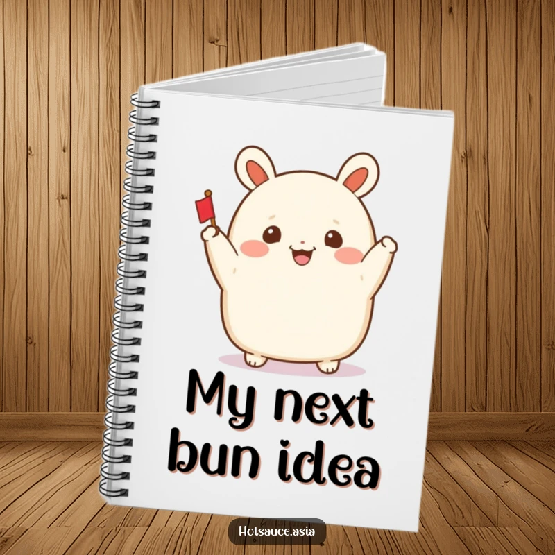 Funny Bao Bun Notebook: A smiling bao bun character with arms waving a tiny flag, perfect for jotting down ideas.