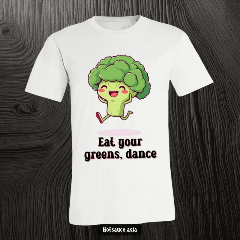 Funny Broccoli T-Shirt: A delighted piece of broccoli with legs happily kicking its heels, promoting healthy energy.