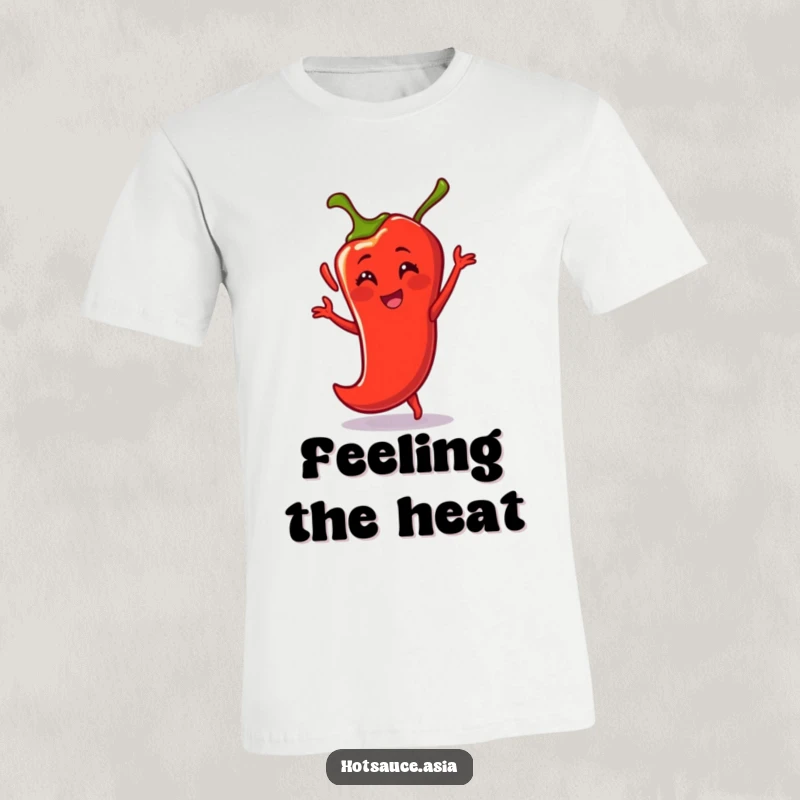 Funny T-Shirt: An energetic cartoon chili pepper with a smile dances joyfully, a humorous and vibrant design.