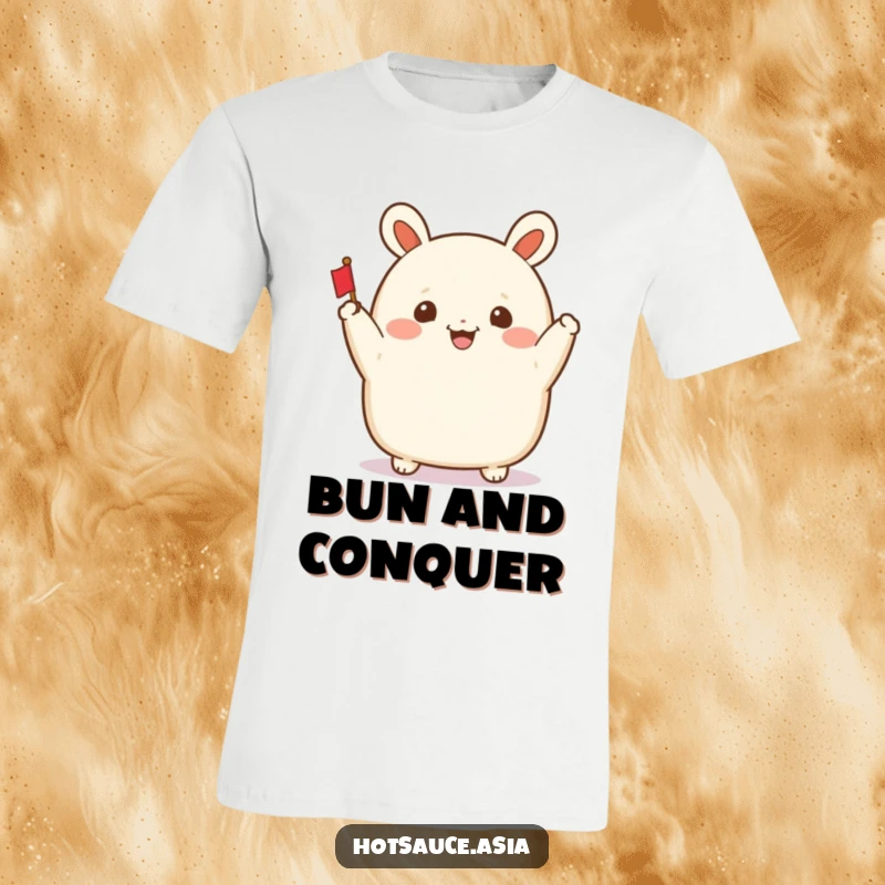 Funny Bao Bun T-Shirt: A smiling cartoon bao bun with arms enthusiastically waving a small flag, radiating happiness.