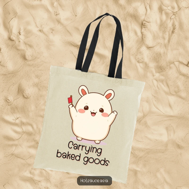 Funny Bao Bun Tote Bag: A smiling bao bun illustration with arms waving a tiny flag, perfect for stylish carrying.