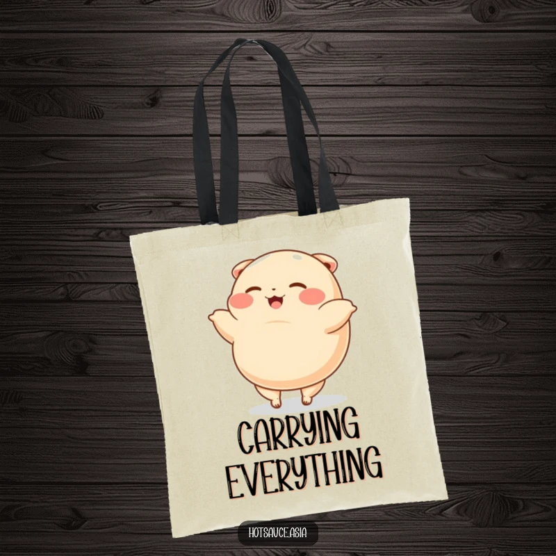 Funny Tote Bag: A plump, happy cartoon dumpling with tiny legs does a cartwheel, a humorous and adorable accessory.