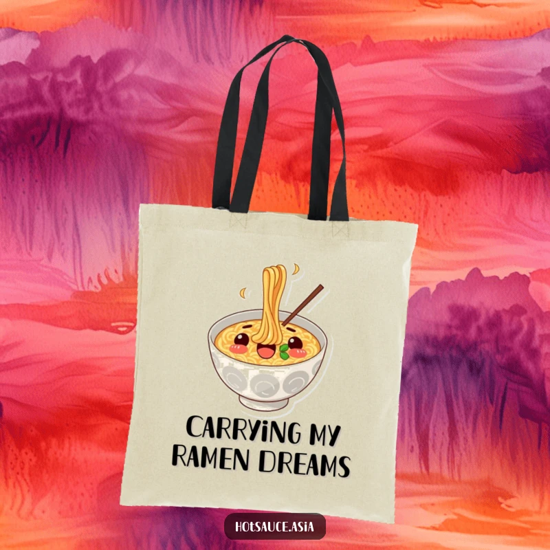 Funny Ramen Surprise Tote Bag: A happy, surprised ramen bowl illustration enjoying a hearty noodle slurp, great for shoppers.