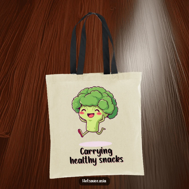 Funny Broccoli Tote Bag: A delighted piece of broccoli with legs kicking its heels up, great for carrying essentials.